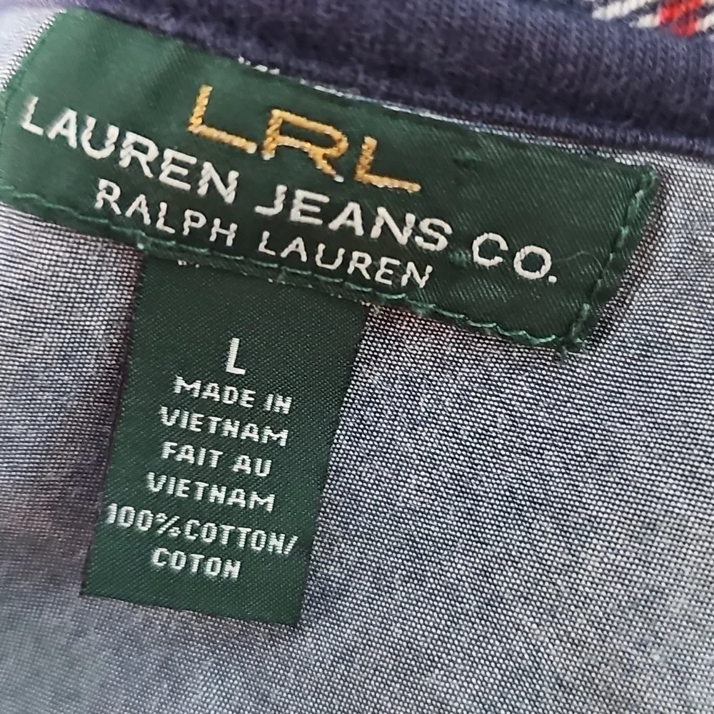 3/$25 Ralph Lauren Size L Navy and White Plaid Henley Top Shirt - Picture 5 of 5